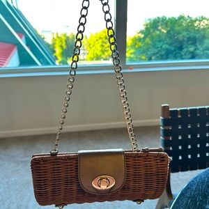Lined woven wicker basket shoulder purse W gold hardware